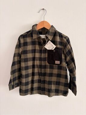 Zara Kids Olive Green & Black Plaid Button-Down Shirt